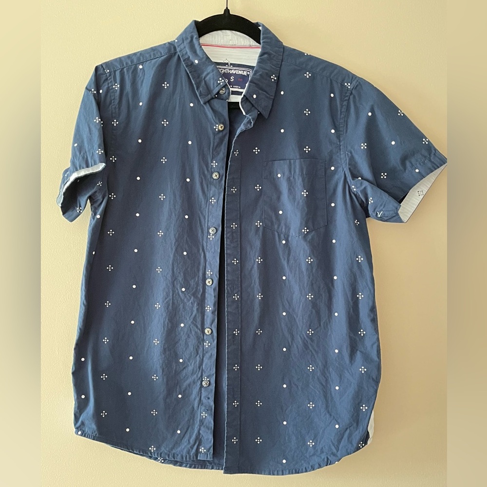 Mens Navy Short-Sleeve Button-Up with White Dot Pattern